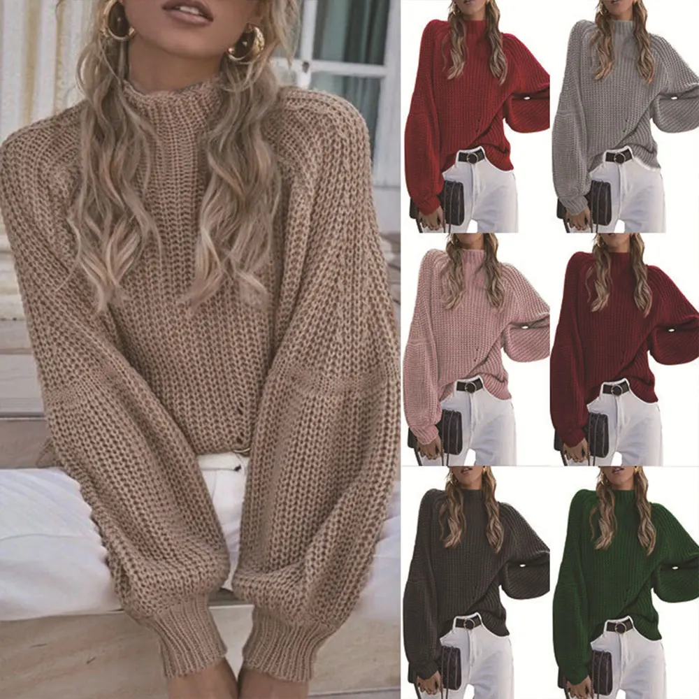 

European and American autumn and winter new women's loose semi high neck knitted sweater solid color high neck sweater for women