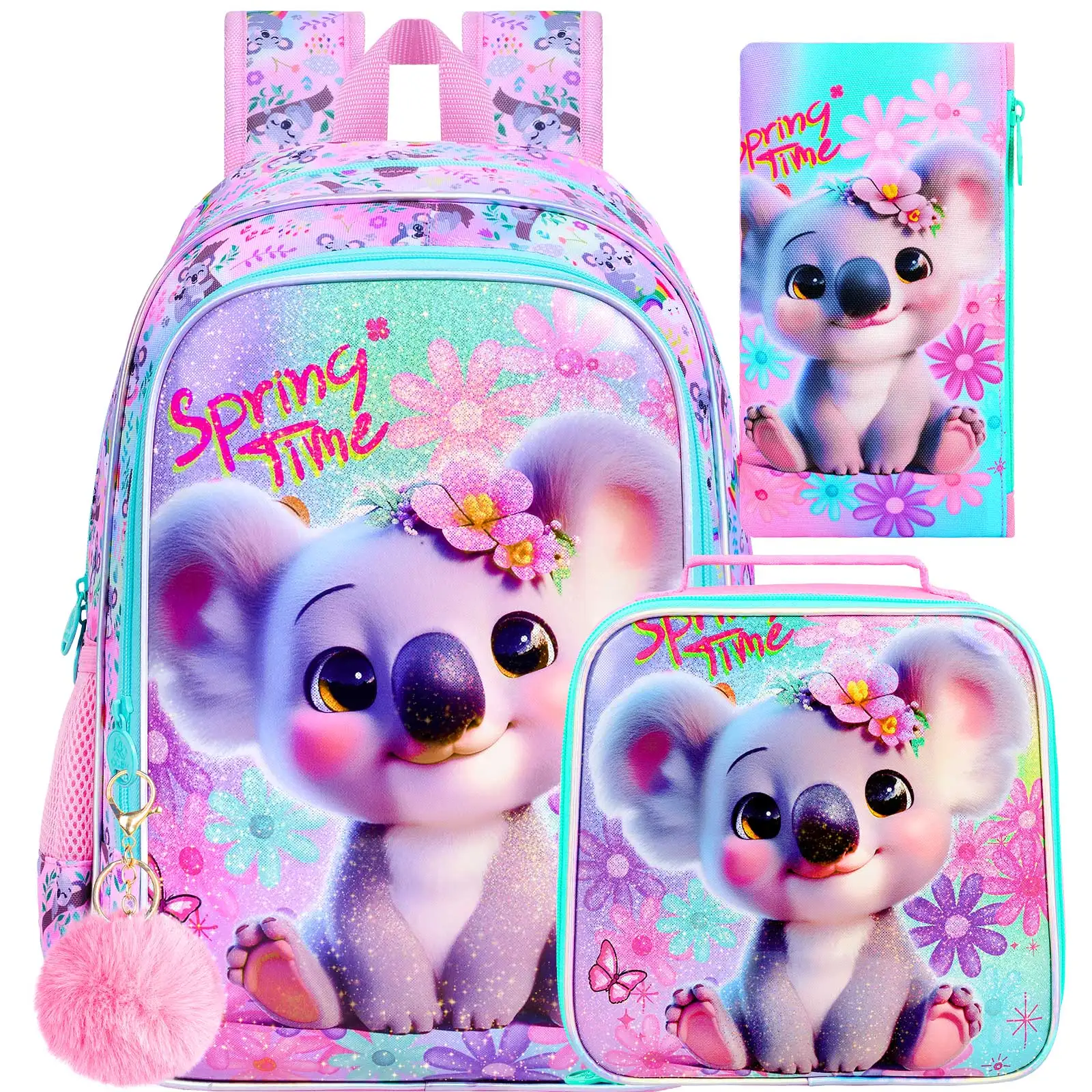 

3Pcs Koala Kids Backpack Set Spring Daisy Print Girls School Bag Lunch Box Pencil Case
