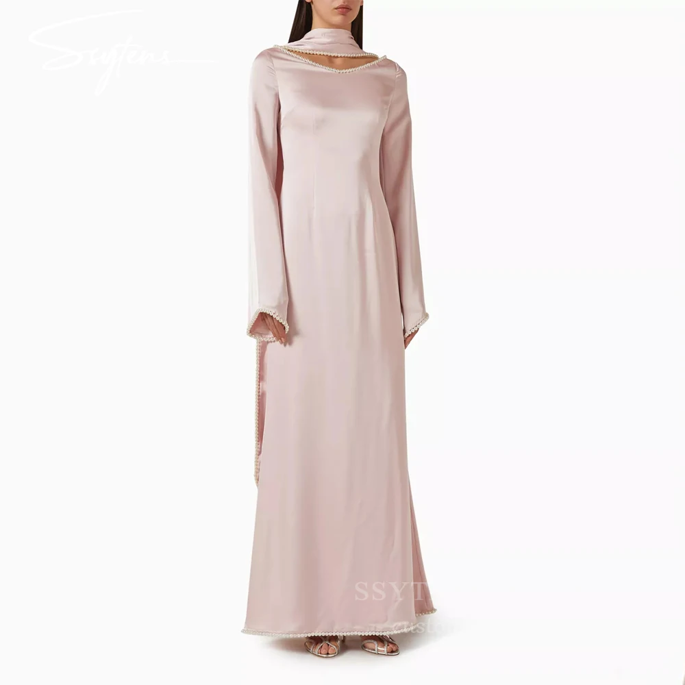 SSYTENS Modest Pink Wedding Guest Dresses for Women Pearls Shawl Evening Gowns Long Sleeves Elegant Formal Party Dresses 2026