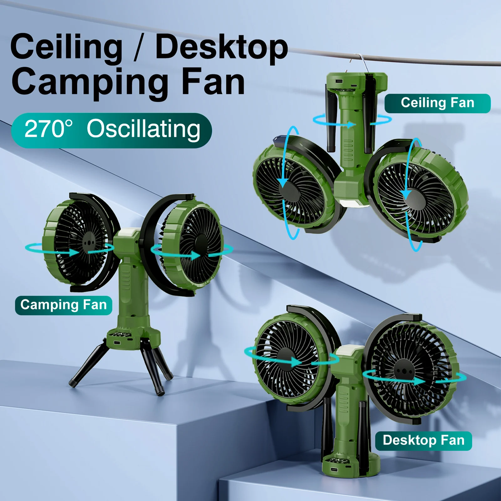 Eary Dual-Head Camping Fan 10000mAh Battery Powered Tent Fan 4 Speeds Wind 2 Level Light Adjustable Rechargeable Air Cooling Fan