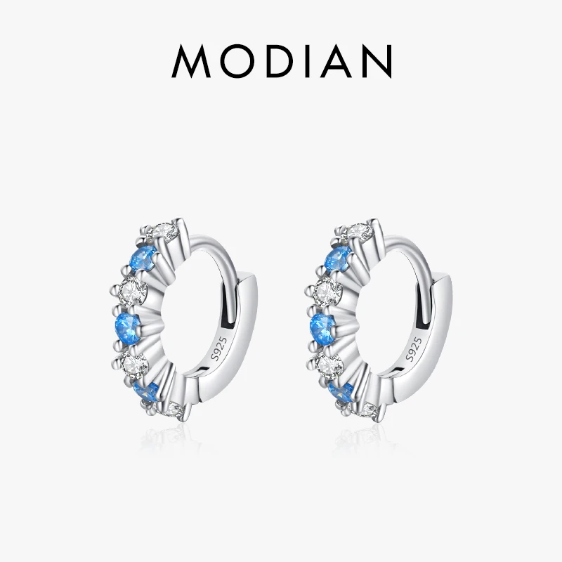 Modian Real 925 Sterling srebrna iskrząca niebieska cyrkonia kolczyki do uszu kolczyki-kółka oryginalny Design dla kobiet biżuterii