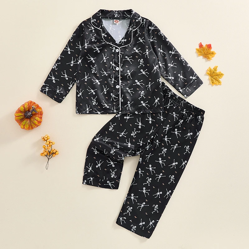 

Suefunskry Kid Boy 2Pcs Pajama Set, Skull Print Long Sleeve Single-breasted Tops Elastic Waist Pants Sleepwear Homewear for Fall