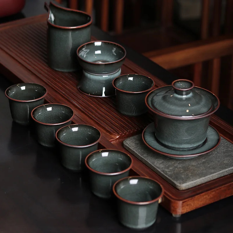 Longquan Kung Fu Tea Set Iron Body Celadon Ceramic  Pot Lid Bowl Tea Cup Retro Gift Box Office  Room Xiang Shihao