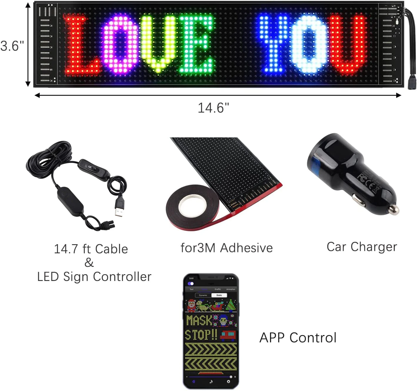 LED Car Sign LED Matrix Panel APP Control Flexible Car Sign Display Scrolling Addressable for Shop Bar Hotel Cinemas 14.6x3.6”