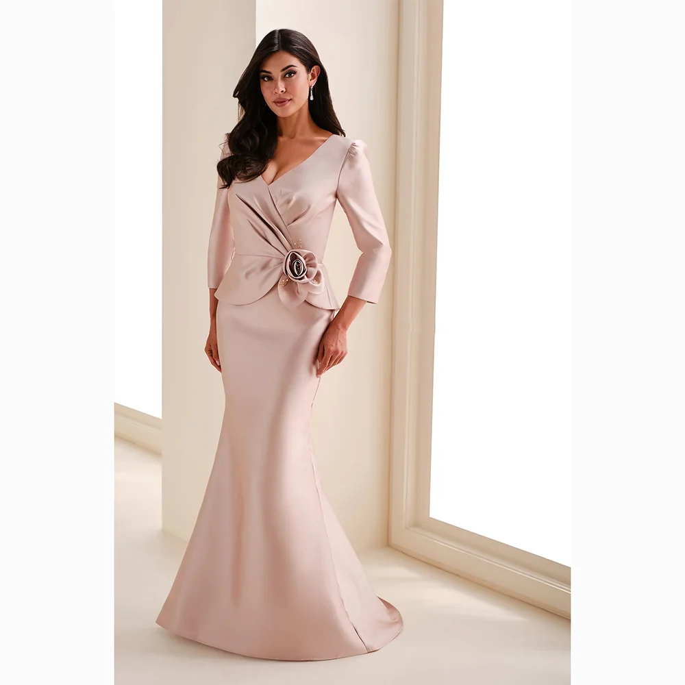 

Elegant Evening Dresses V-Neck 3/4 Sleeves Satin Flower Mermaid Evening Gowns Floor Length Prom Dresses Dress Customized