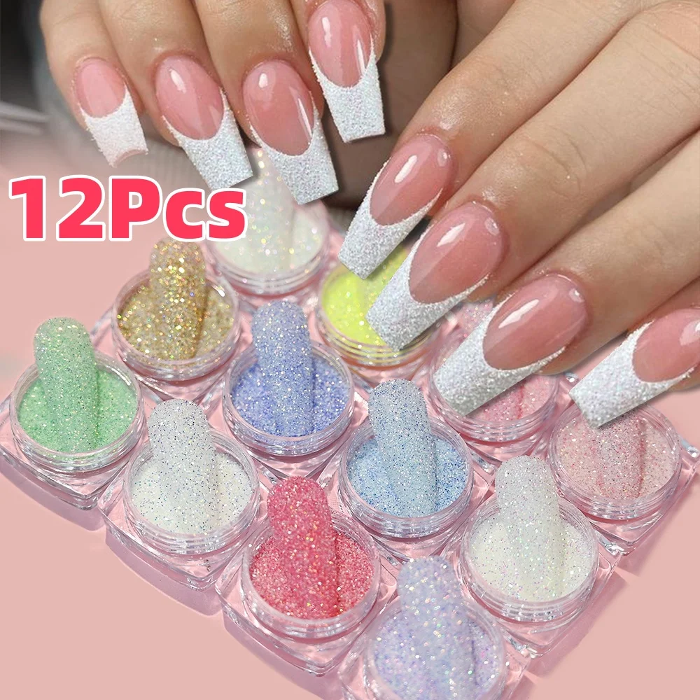 12Colors/Set Glitter Sugar Powder Nail Powder Macaron Sea Salt Powder Sparkly Effect Candy Coat Pigment for Nail Art Decoration