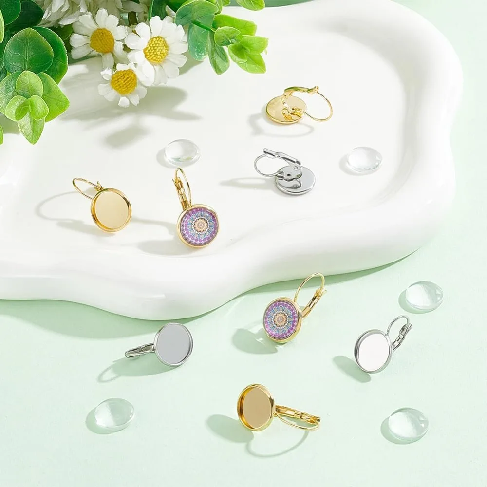 40 مجموعات 2 ألوان 304 الفولاذ المقاوم للصدأ Leverback القرط الحافة صينية 12 مللي متر شقة مستديرة فارغة كبوشن صينية مكونات القرط