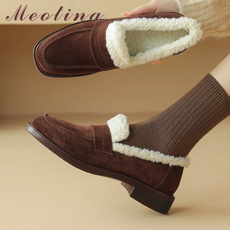 Meotina Women Genuine Leather Loafers Round Toe Thick Low Heels Kid Suede Fur Pumps Ladies Fashion Shoes Winter Coffee Brown 40