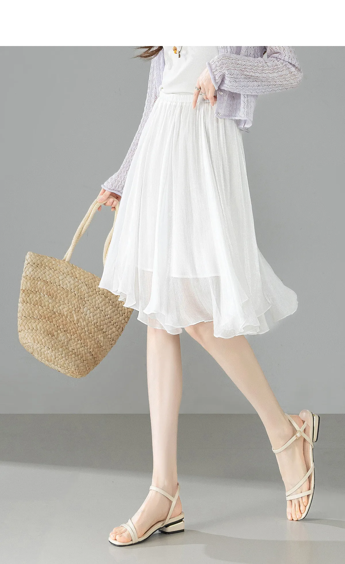 SENTUBILA Weißer Chiffon-Schimmerrock für Damen, Sommer 2026, Eleganter, Elastischer Bund, Unregelmäßiger, Lässiger Schirmrock Q62QG7308 – Detail 15