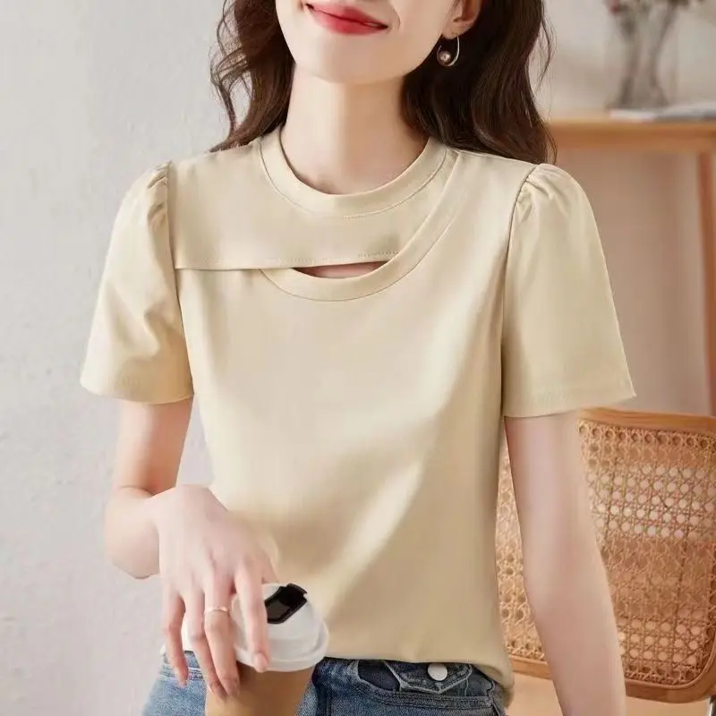 New Summer Fashion Simple Elegant High End Cotton Short Sleeved T-shirt Women\'s Solid Round Neck Patchwork Hollow Out Slim Tops