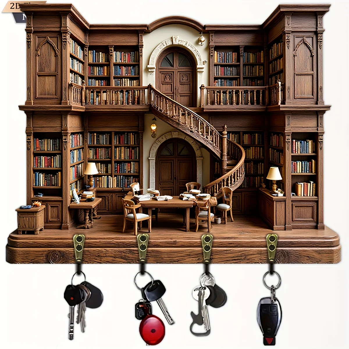 2D flach, 1 Stück, europäischer Schlüsselhaken, multifunktionales Schlüsselregal aus Holz für Zuhause, mit vier Metallhaken, Wanddekoration, Veranda