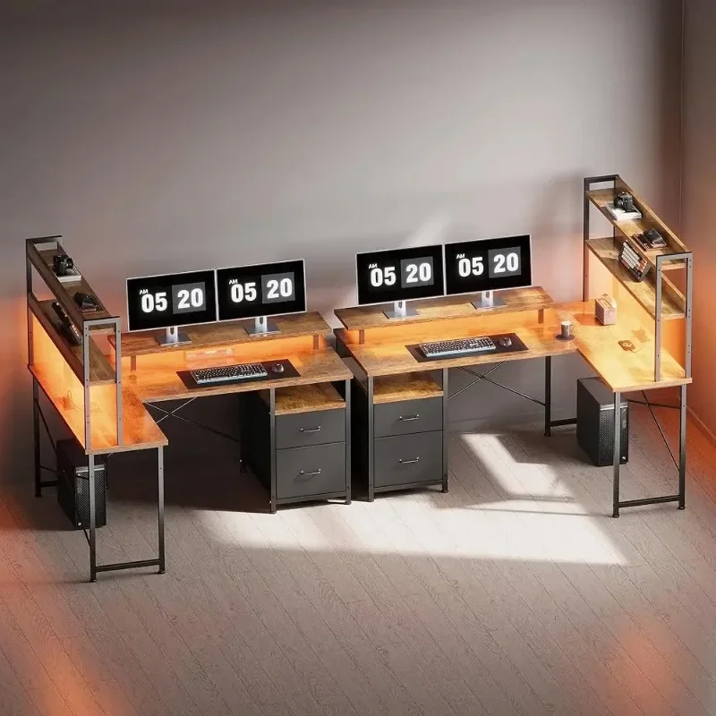 مكتب على شكل حرف L مع أرفف، مكتب كمبيوتر قابل للعكس مع أضواء LED ومحطة شحن، مكتب زاوية للمكتب المنزلي مع شاشة