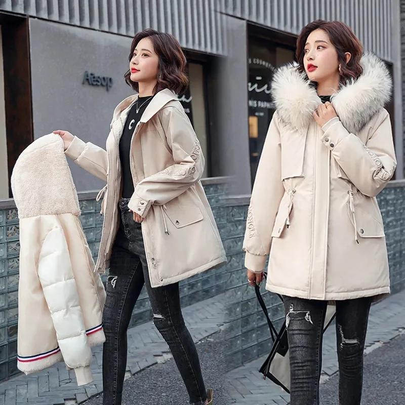 Winter Women Parka 2023 Fashion Long Coat Wool Liner Hooded Parkas Fur Collar Jacket Warm Snow Wear Padded Detachable Clothes