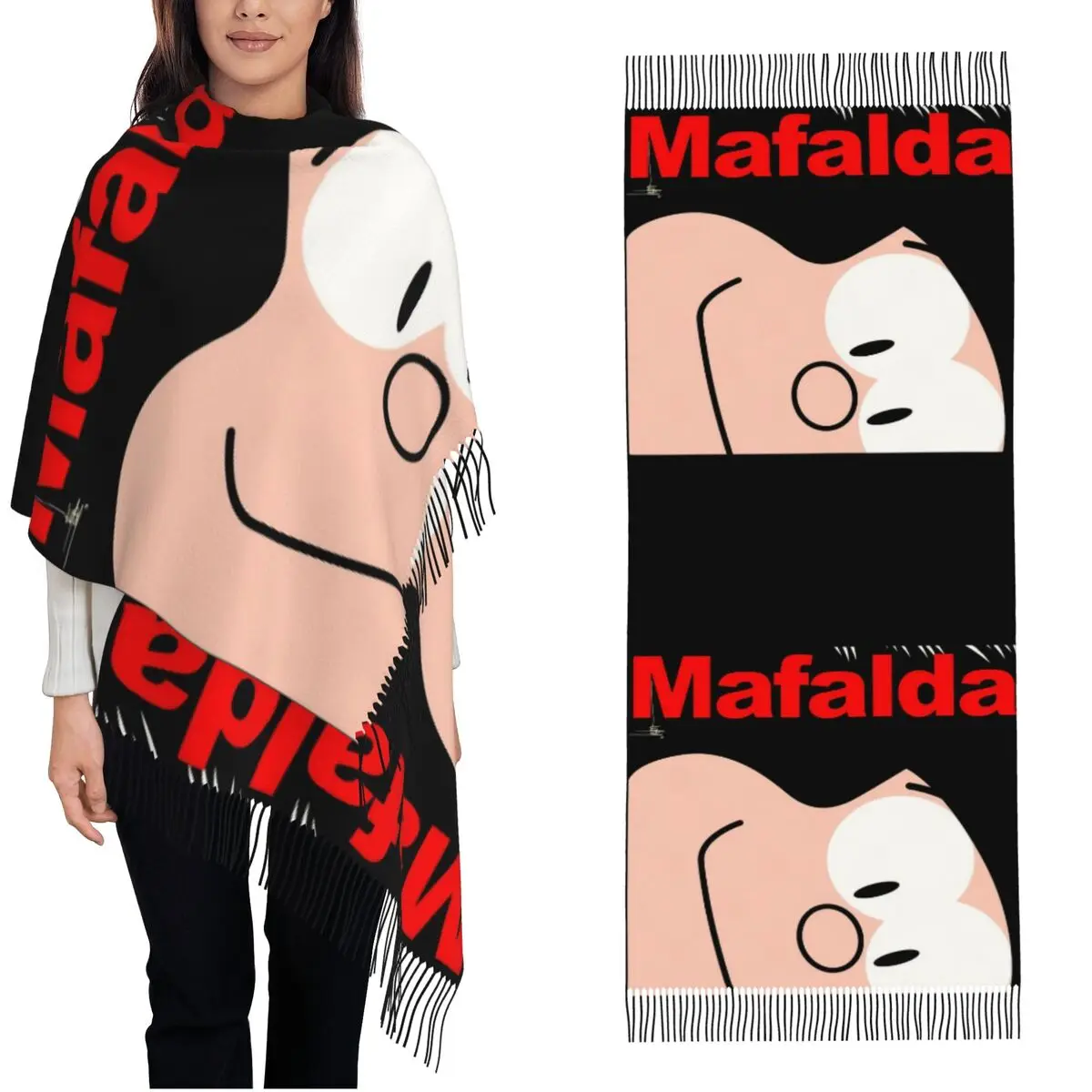 

Womens Scarf with Tassel Mafalda Comics Human Large Winter Warm Shawl and Wrap Cartoon Daily Wear Pashmina Scarves