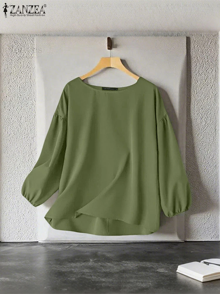 

ZANZEA Casual Loose Blusas Women Vintage 3/4 Lantern Sleeve Blouses Solid Color O Neck Fashion Tunic Oversized Tops Pullover