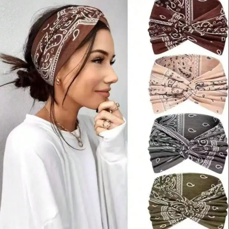 

Women's 4-piece headband set, wide and thin elastic Bohemian dyed tie headband, retro style sports yoga makeup spa accessories
