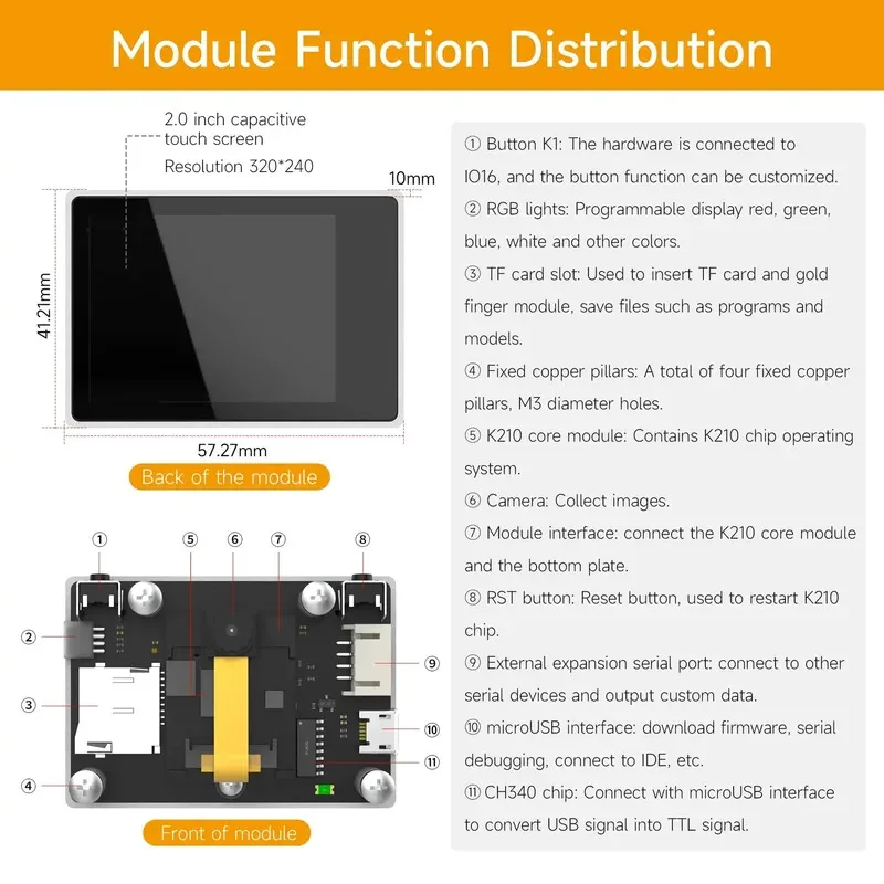Módulo de reconhecimento visual Glow K210 com câmera de 2MP OV2640 Kit de carro robô com tela capacitiva LCD de 2,0 polegadas Raspberr
