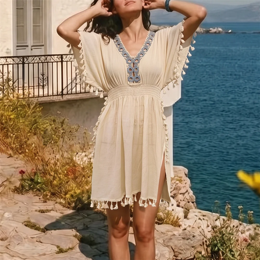 Kurzarm-Tunika mit Quasten, V-Ausschnitt, gehäkelt, gestrickt, Strand-Cover-up, Strandkleid, Strandmode, Damen V8546 – Detail 5