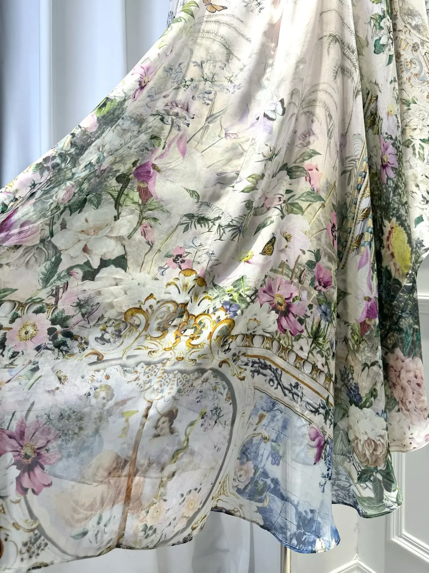 Robe Maxi en soie imprimé floral pour femmes, nouvelle collection 2021, perles lourdes, col en v, manches évasées, Robe ample