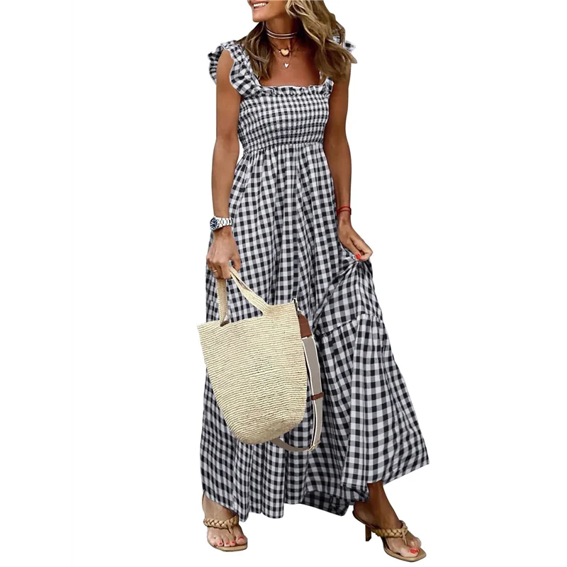 NEW-Women's Retro Plaid Smocked Dress Spaghetti Strap Flounce Long Dress