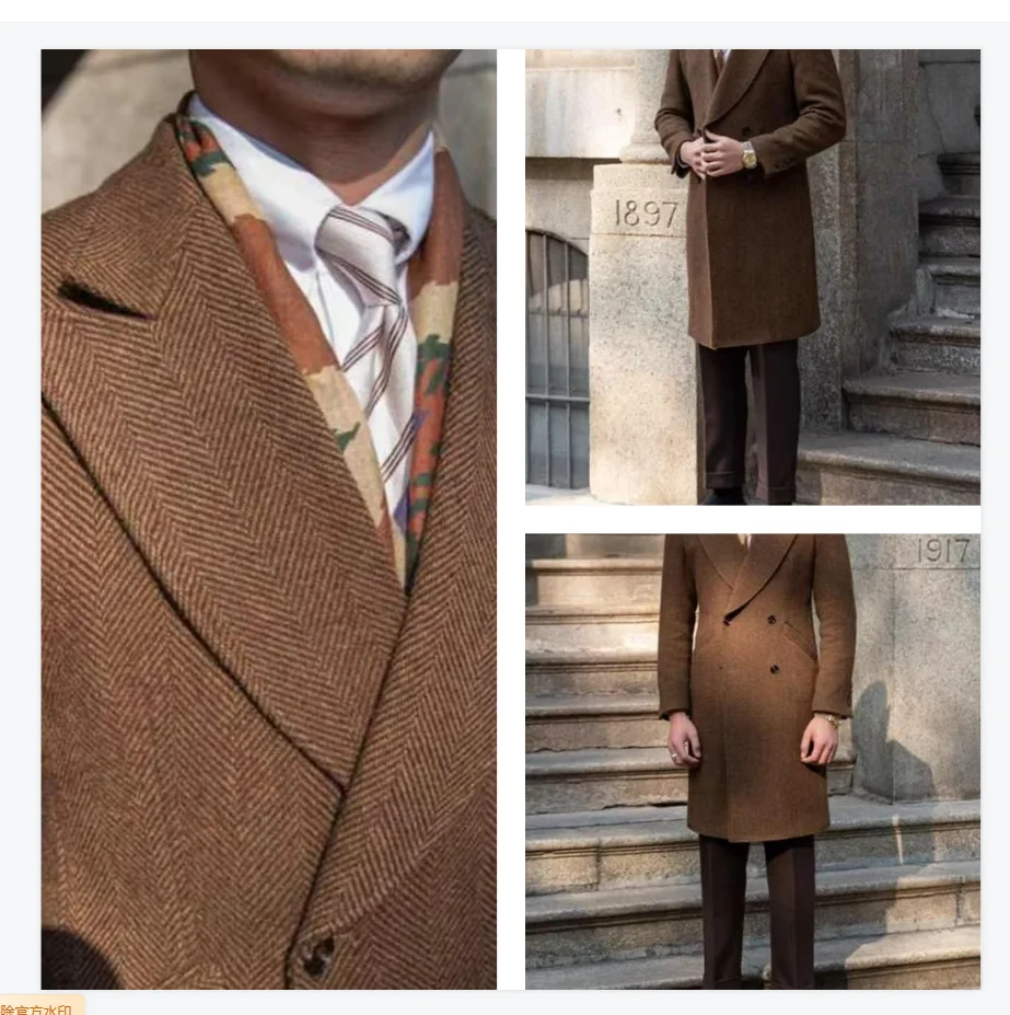 

Herringbone Men Suits 1 Pcs Blazer Overcoat Woolen Winter Wedding Tuxedo Double Breasted Formal Office Groom Jacket Coat