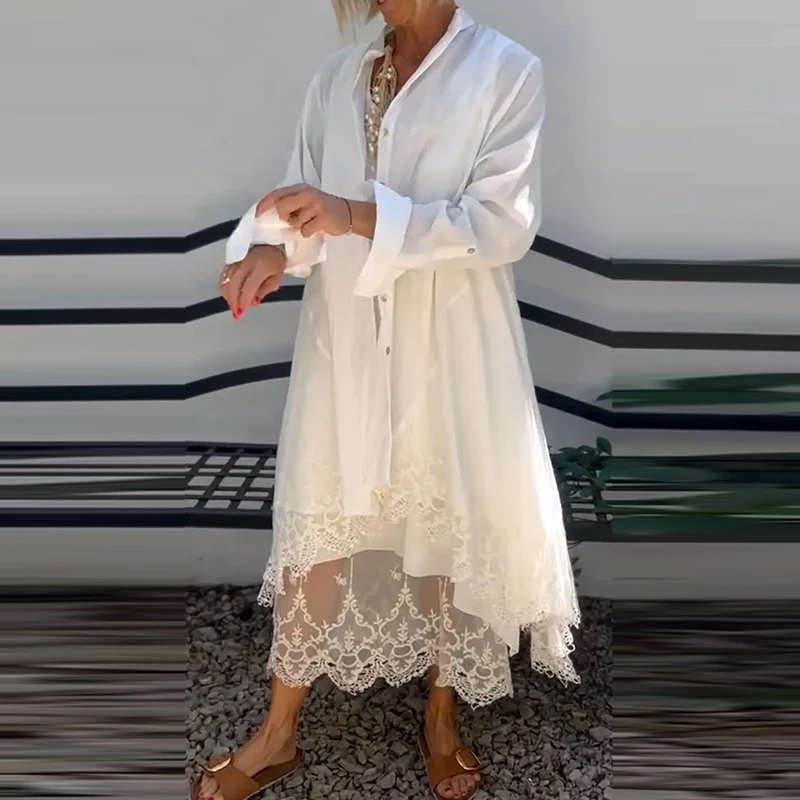 

Summer Chic Stand Collar Long Sleeve Blouse&Tank Dresses Set Women Elegant Embroidery Lace Two Piece 2025 Solid Loose Outfit New