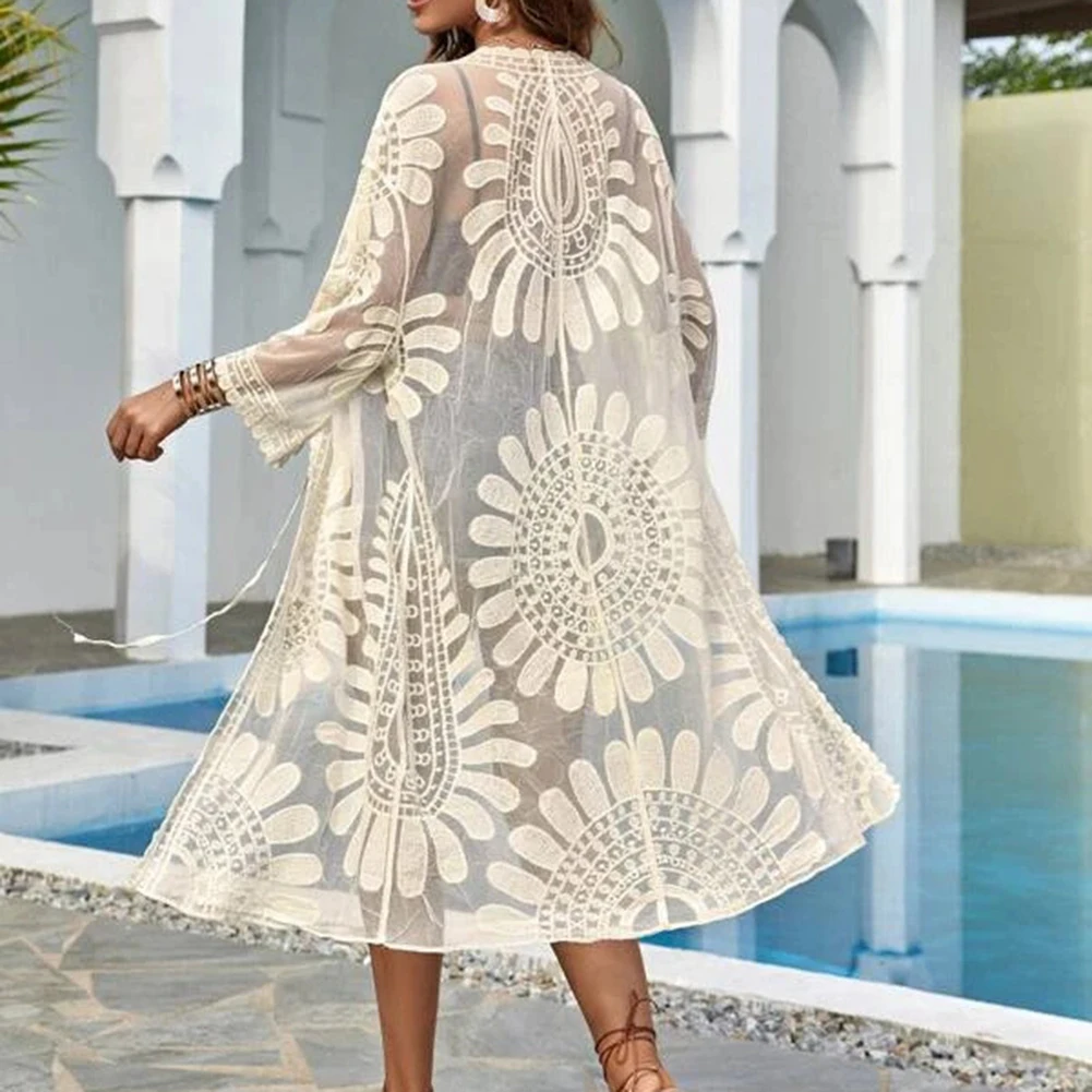 3 4 Sleeves Beach Cover Up Floral Embroidery Lace Cut-Outs Loose Fit 3 4 Sleeve Beach Blouse Tag Size One Size For Summer