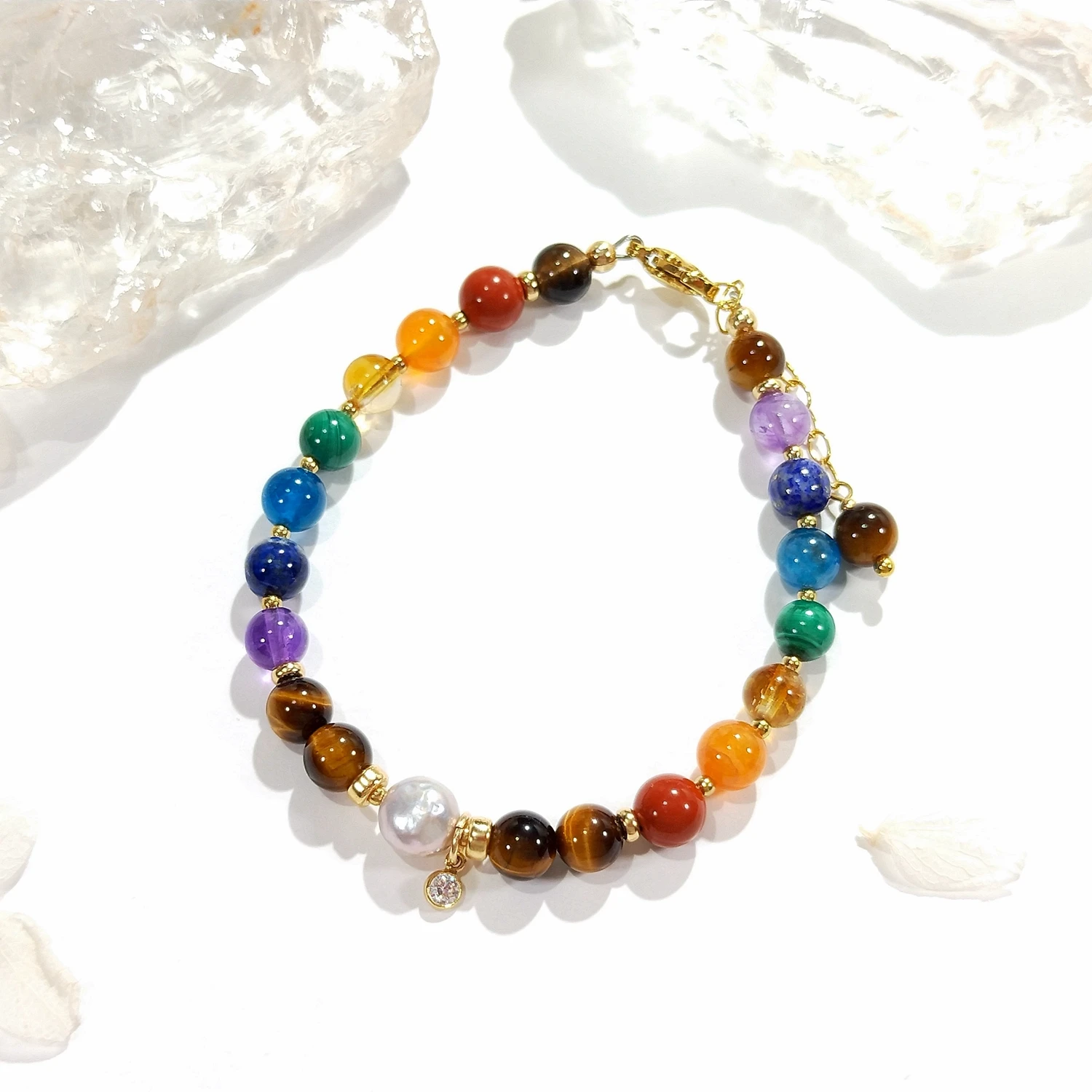 Lii Ji Natural Tiger's Eye 7 Chakras Stone 4-6mm American 14K Gold Filled Bracelet Handmade Fashion Jewelry