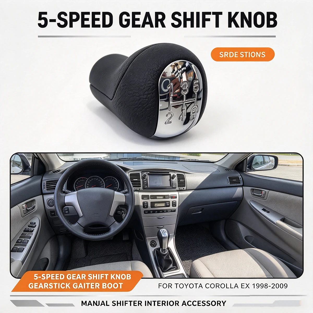 5 Speed Gear Shift Knob With Gearstick Gaiter Boot For Toyota Corolla EX 1998-2009 PU Leather Manual Shifter Car Interior Access