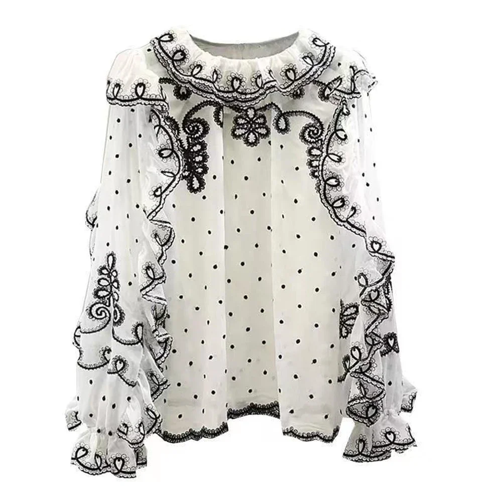 

Elegant Fashion Embroidery Chiffon Blouse Fror Women 2024 Spring Summer Lady Long Sleeve Doll Collar Shirt Loose Blusas Top