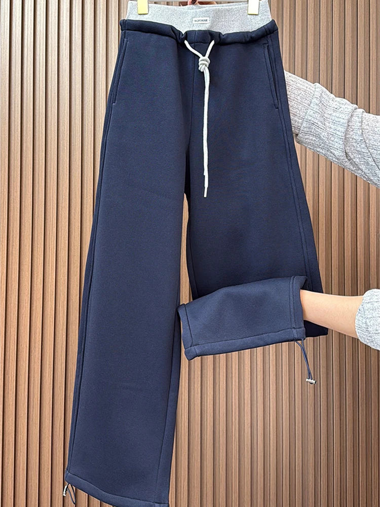 

Women's Splicing Color Blocking Thick Harun Pants Winter New Loose Casual Wide Leg Drawstring Versatile Warm Trousers
