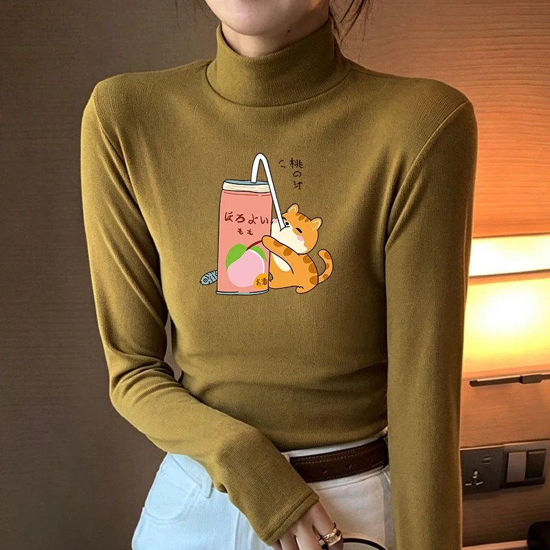 Winter Women's Thermal Brushed Fleece Half Mock Neck Long Sleeve T Shirt Cat Drinking Peach Soda Can Graphic Warm Tee
