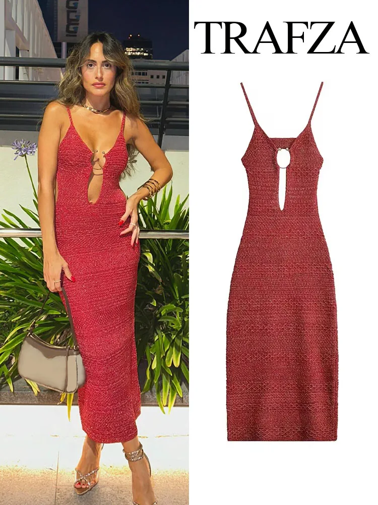 

TRAFZA Woman Trendy Red Sleeveless Backless Hollow Out Decorate Pullover Female Beach Style Sexy Long Dress TRAF Summer Dresses