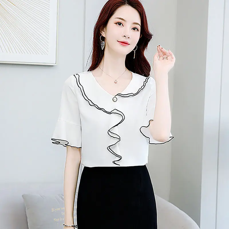 Vrouwen Kleding Zomer Mode Eenvoud Knop Effen Kleur V-hals Shirts All-Match Temperament Ruches Korte Mouw SlimCardigan