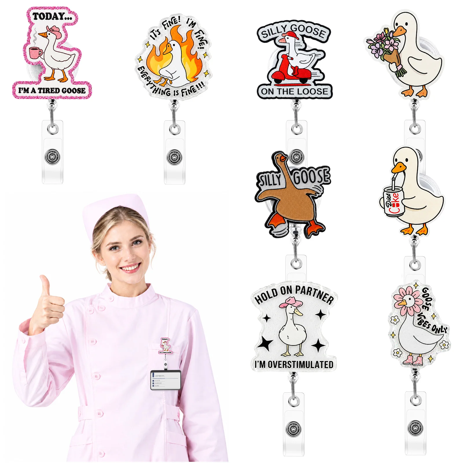 6/8 Pcs Acrylic Badge Reel Animal Retractable Nurse Badge Reel with Alligator Clip ID Card Holder for Student Doctor and Teacher