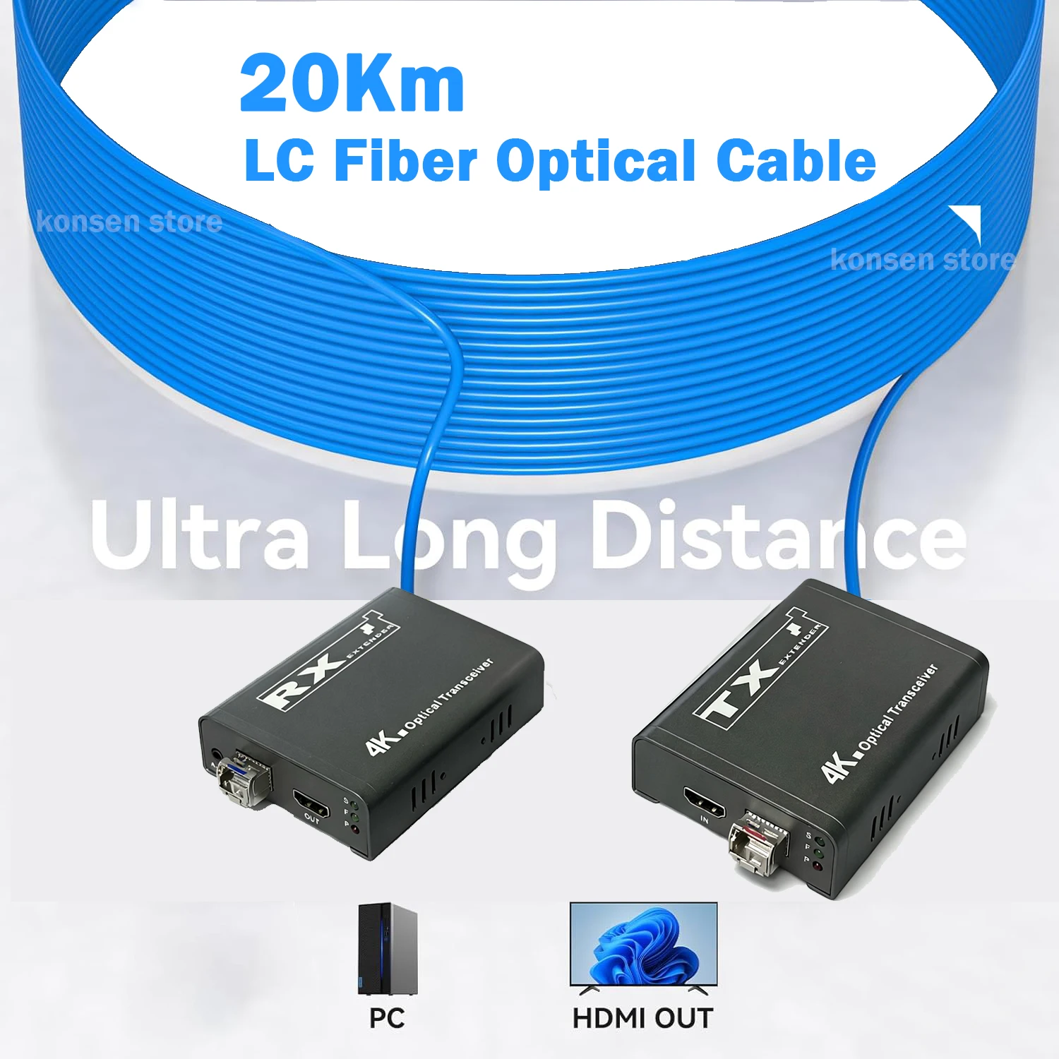 4K 60Hz HDMI Fiber Extender over LC Optic Fiber Cable 20Km HDMI to Fiber Video Transceiver Extender Transmitter Receiver Kit