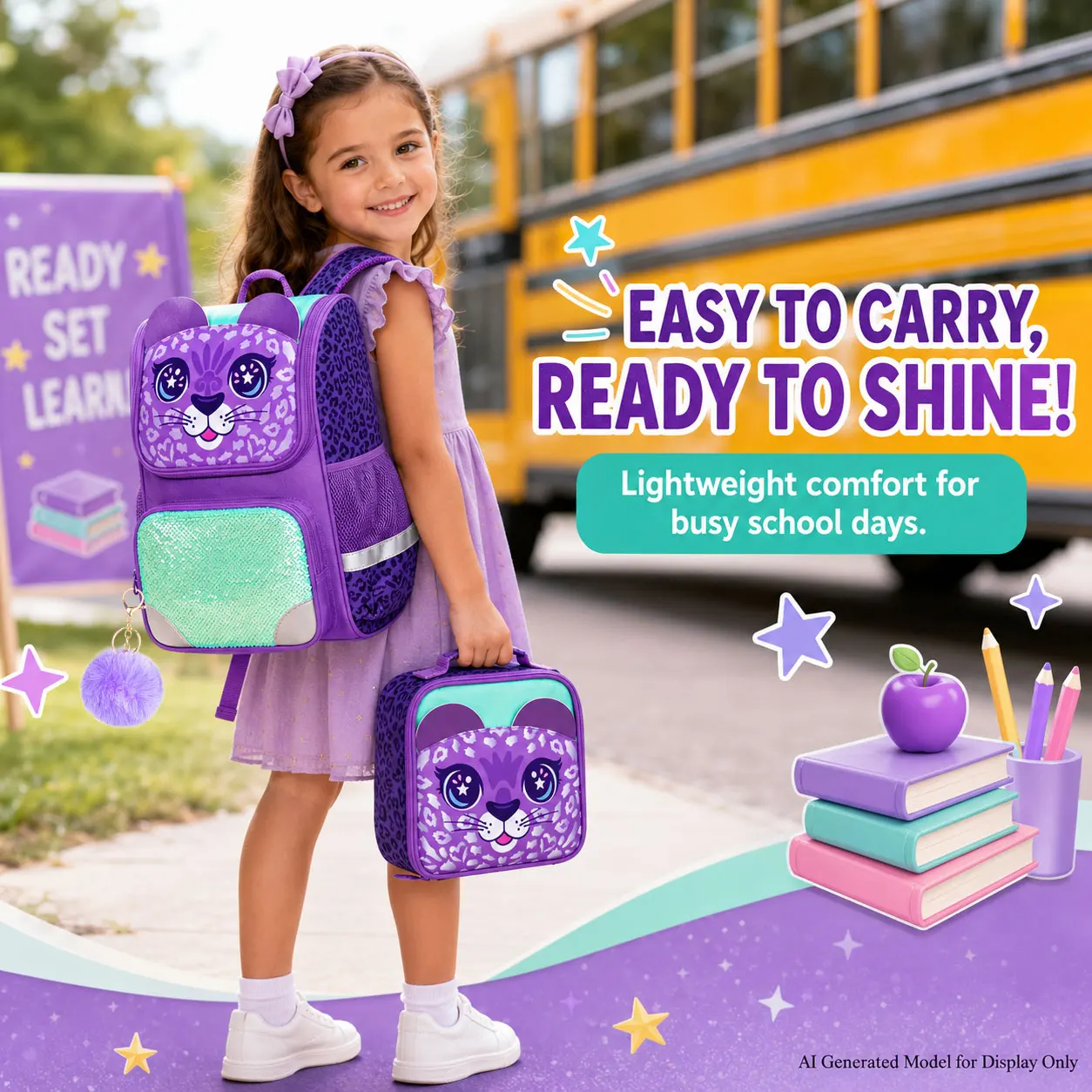 Kid's backpack 3PCS 15 Inch Hard Shell Set, Big Eyes Purple Leopard Print, One Backpack + One Handbag + One Pencil Case