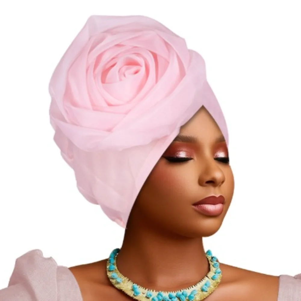

Traditional Raw Silk African Turban Caps Big Rose Flower Breathable Head Wraps Lightweight Headwear Bonnet Party Headgear