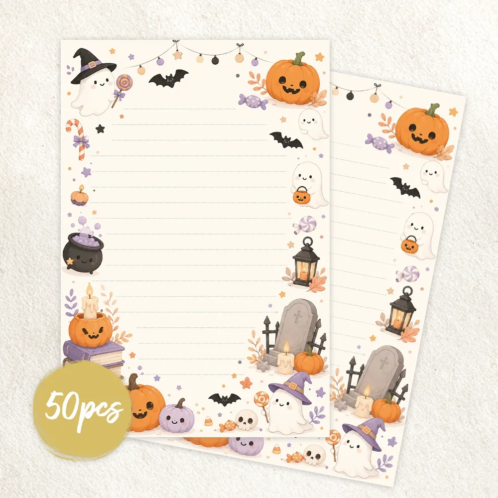 50 Sheets,  Cute Halloweenthemed Writing Paper, Lined, Gluefree, Perfect for Notebooks, Memos, and Stickers