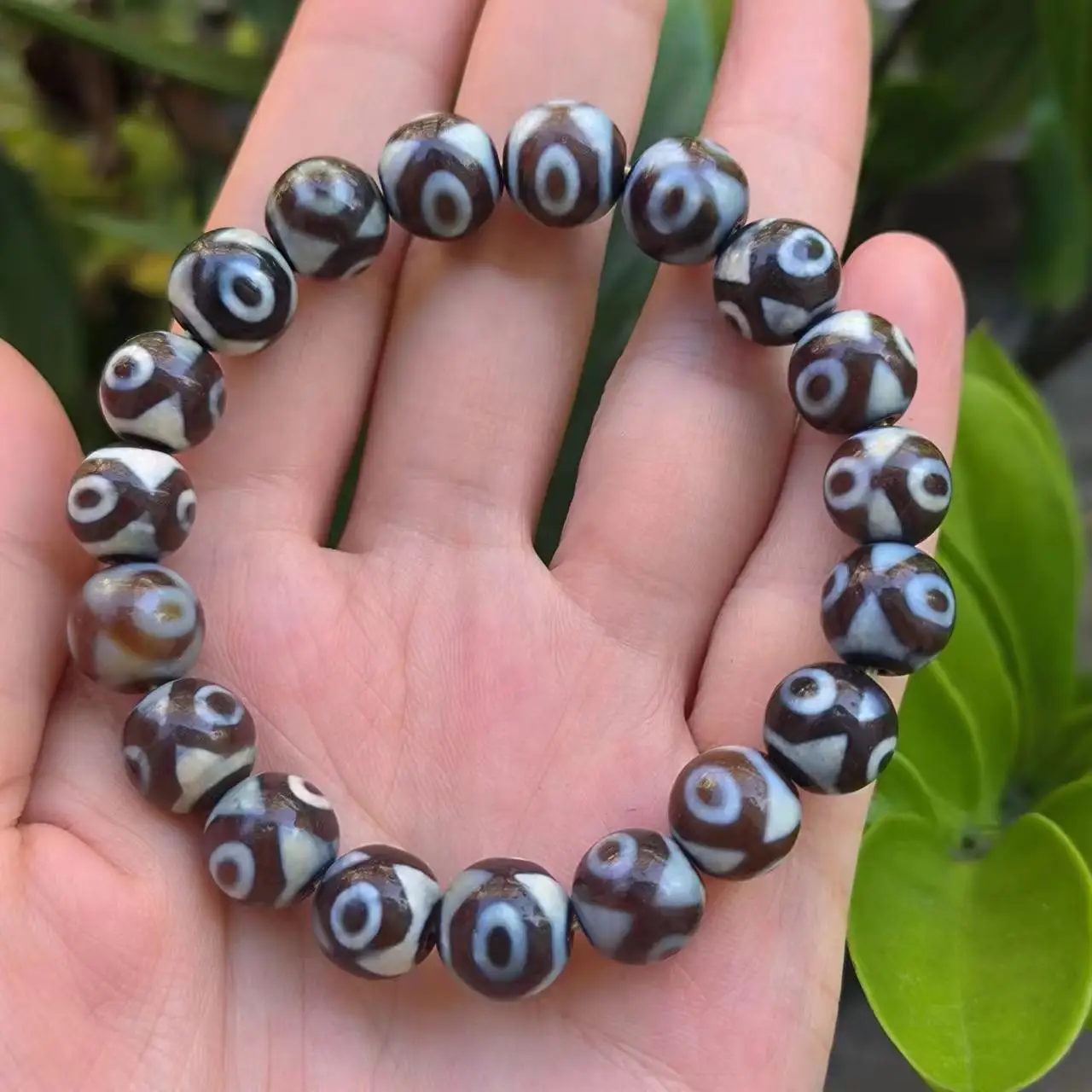 

1pcs/lot Natural old agate three-eye pattern single-turn bead bracelet Ethnic style Weathering lines Quaint Prayer beads Collect