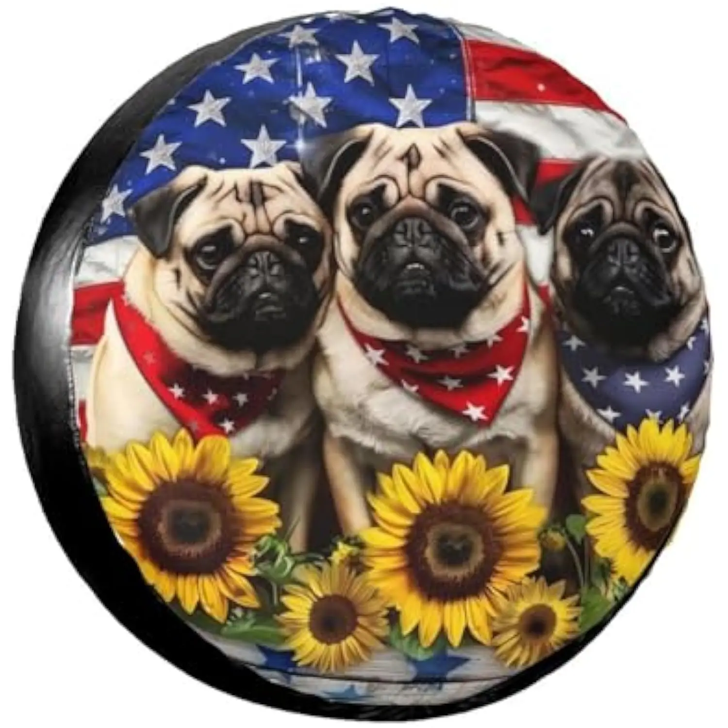 Patriotic Pug Dog Sunflower American Flag Spare Tire Cover Waterproof Protector for RV SUV