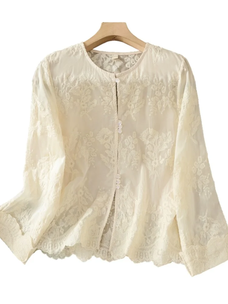 Nuevo cárdigan abierto de lino y algodón con bordado Floral chino para mujer, Top fino holgado informal con protección solar, Top