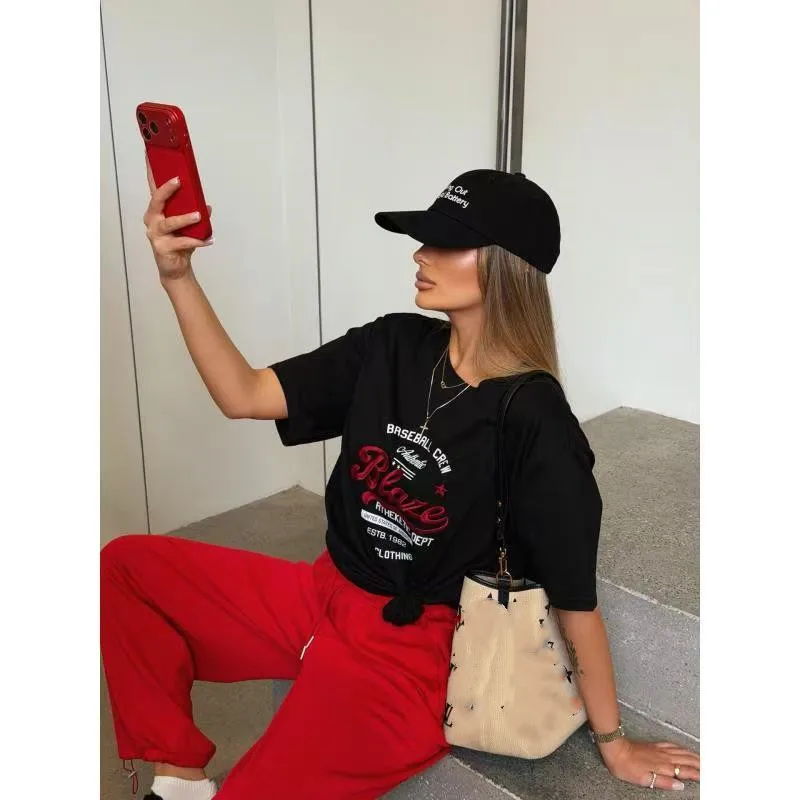 100% Cotton Letter Printed T-shirt Women's Fashionable Short Sleeve O-neck Loose American Retro Female Baseball Sports Clothes