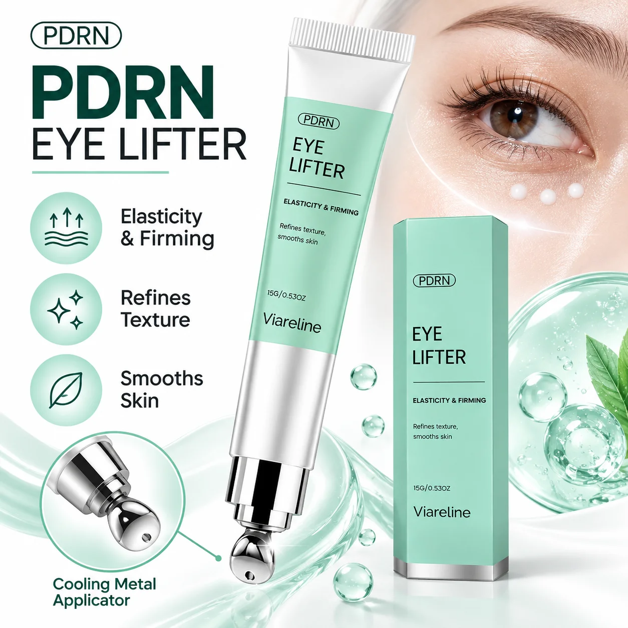 15g PDRN Under Eye Cream Moisturizing Firming Eye Care with Metal Massage Applicator for Puffiness Fine Lines Smooth Skin