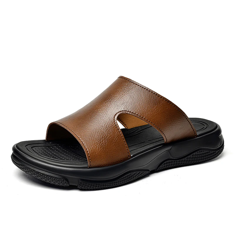 Men's Leather Slide Sandals Non-slip Thick Sole Casual Slippers Summer Outdoor Beach Shoes Breathable Lightweight Footwear