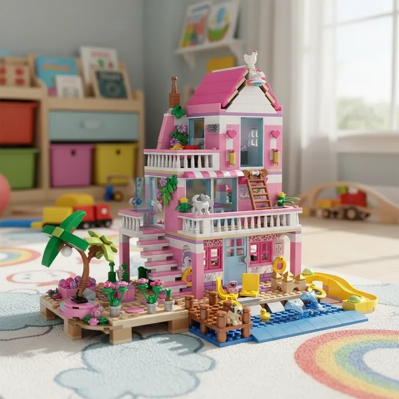 

MOC Building Blocks, 822Pcs Pink Girls Beach Villa, Two Forms 3D Architecture Model, STEM Creative Children Gift
