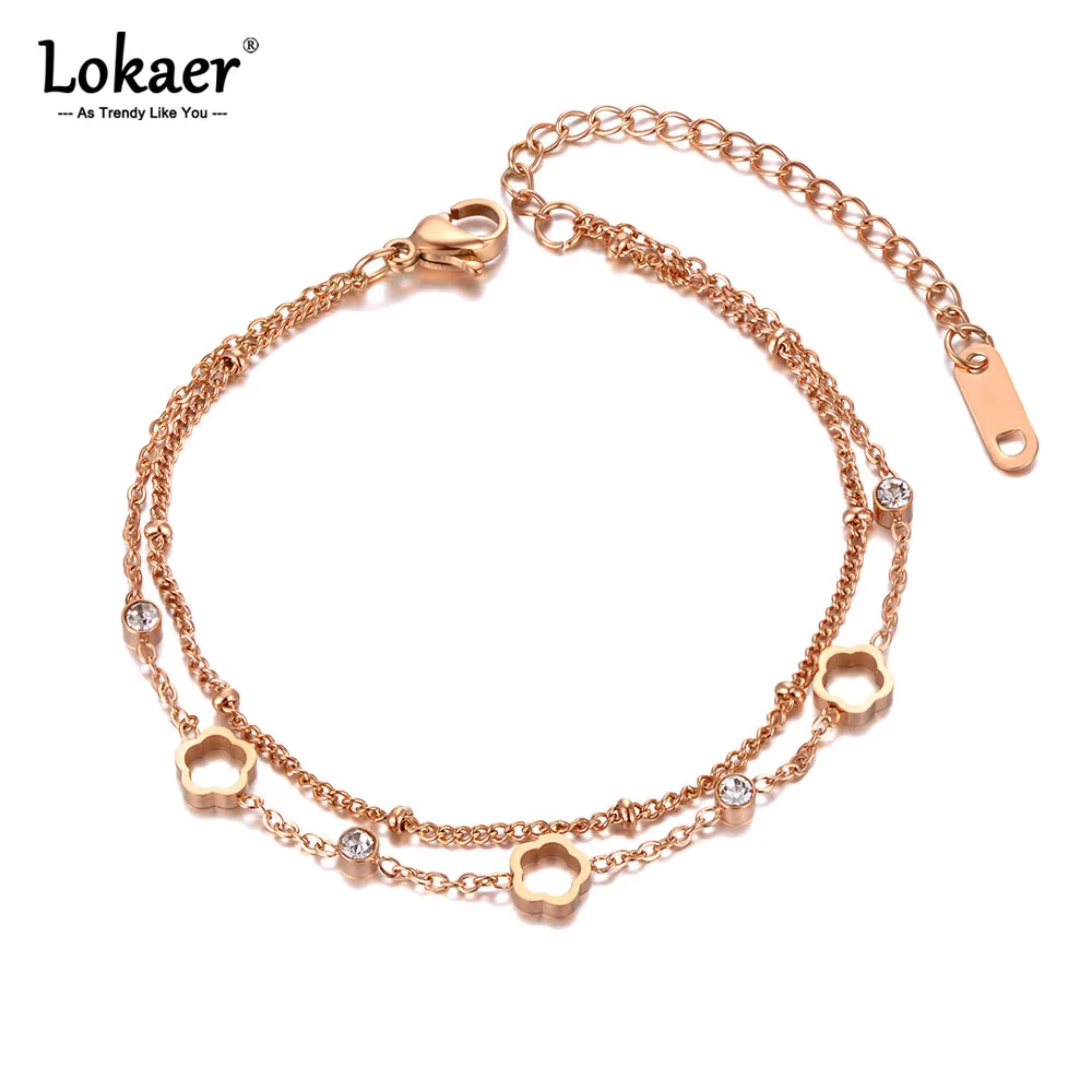 Lokaer Bohemia Stainless Steel Double-layer Charm Bracelets Trendy CZ Crystal Flower Chain Link Jewelry For Women Браслет B21025