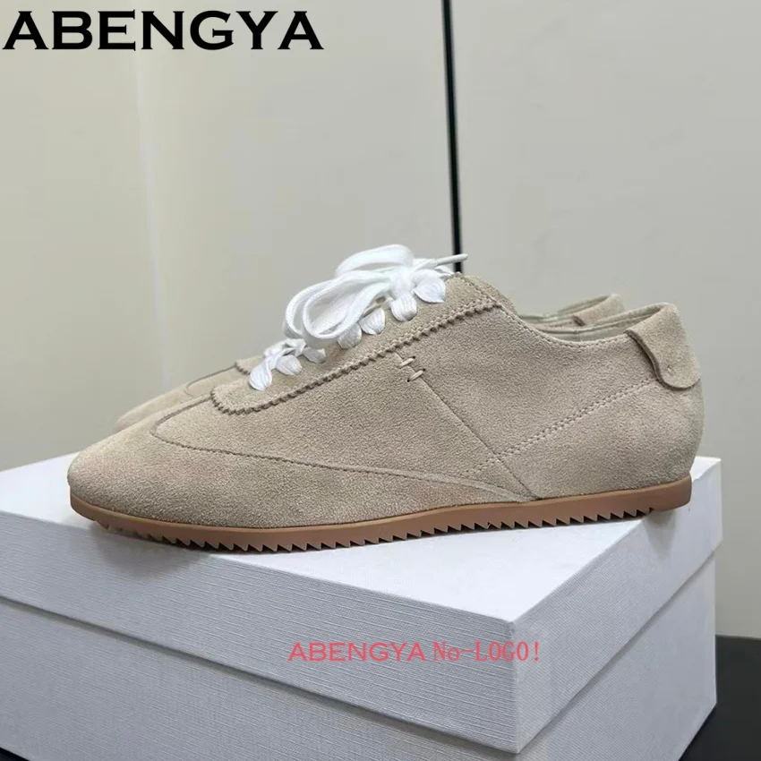 

2026 New Casual Shoes Women's Cow Suede Splicing Lace-up Sneakers Woman Spring Autumn Round Toe Mixed Colors Retro Walking Shoes