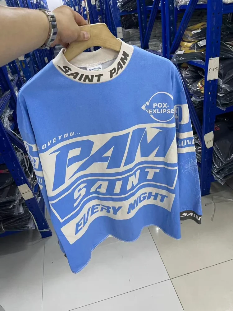 

Saint Pam Ретро Уличная футболка с длинным рукавом Синий унисекс Топ Мужчины Женщины Мода