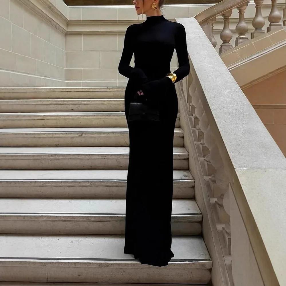 Sexy Slim High Neck Dress Long Sleeve Bodycon Slim Dress Solid Color High Waist Tummy Control Dress Back Ring Decor Midi Gown